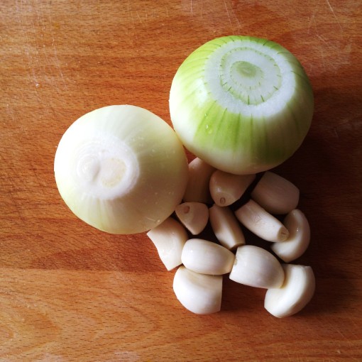 The usual root aromatics garlic (exactly 12 cloves) and onions (two medium–sized).