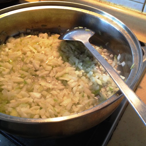 Step 1:  Sauté the finely minced onions over low–medium heat.